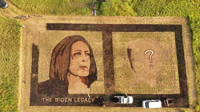 Kansas Man Crafts Massive Kamala Harris Portrait in Field Following Biden’s Withdrawal from Presidential Race